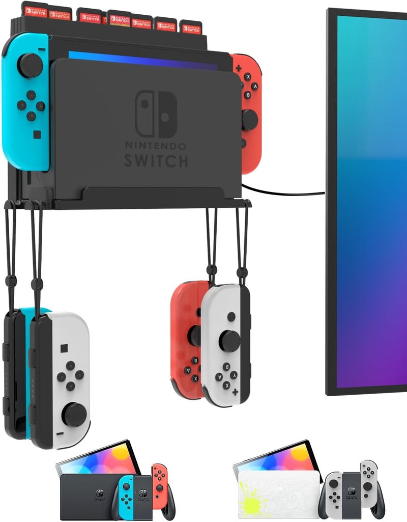 Nargos Wall Mount for Nintendo Switch and Switch OLED with 28 Game Card Holders and 4 Joy Con Hooks, Organize Switch Console Behind TV, Ideal Gift for Gamer, Black - Image 1